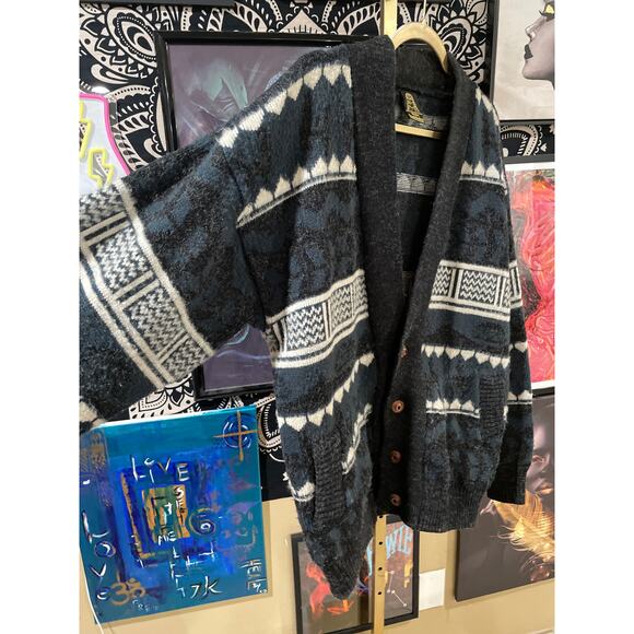 Vintage 90s Tejidos Ruminahui Aztec Geometric Heavyweight Cardigan Sweater L - Picture 5 of 8